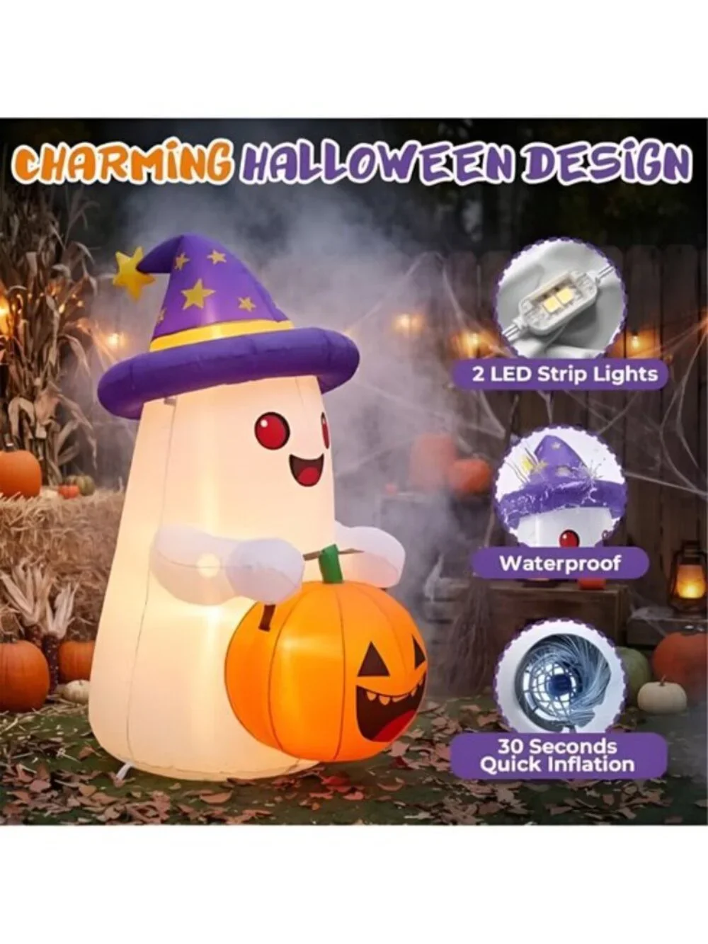 5 FT Halloween Inflatables Decor, Cute Inflatable Ghost with Pumpkin, Built-in